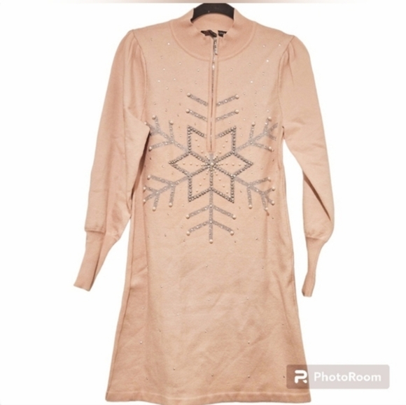 Boston Proper Pink Sweater Mini Dress With Snowflake Detail sz S - Picture 3 of 14